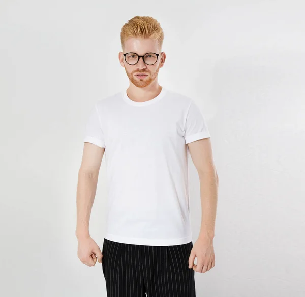 White Shirt Young Man Glasses Isolated Ready Your Design — Stock Photo, Image