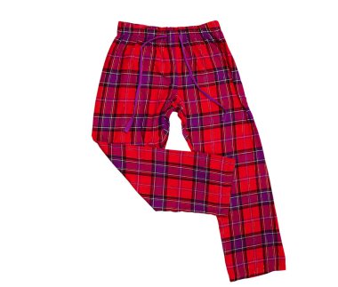 Beyaz arka planda uyku pantolonu kadın. Kırmızı desenli pamuktan yapılmış pantolon. Kadın için pijama pantolonu. Düz yatıyordu. Üst görünüm.