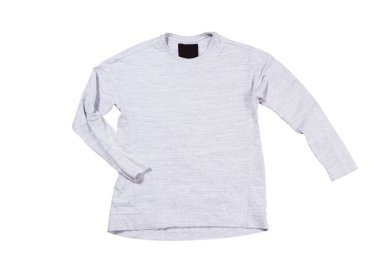 Beyaz arka planda gri kazak izole edilmiş. Gri kazak boş kopya alanı oluşturur.