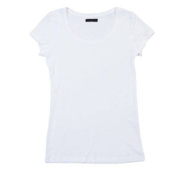 Beyaz arka planda izole edilmiş boş beyaz tişört. Beyaz beyaz kadın tişörtü beyaza izole edilmiş. Tshirt şablonu kendi grafikleriniz için hazır.