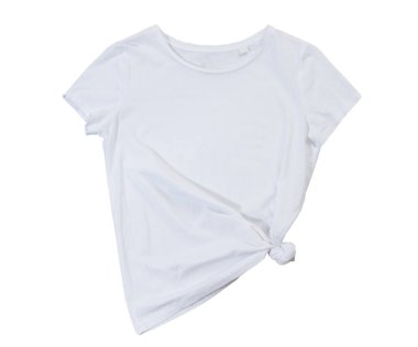 Beyaz arka planda izole edilmiş boş beyaz tişört. Beyaz beyaz kadın tişörtü beyaza izole edilmiş. Tshirt şablonu kendi grafikleriniz için hazır.