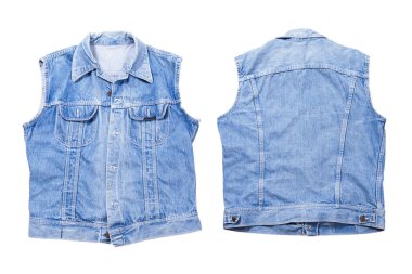 Denim yelek seti, kot yelek takımı, kot yelek arka manzara. Katlanmış yelek beyaz arkaplan kopyalama boşluğunda izole edildi