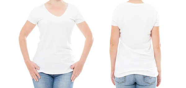 白い背景にTシャツを着た女性が切り取られたポートレート デザインのためにモックアップ コピースペース テンプレート ブランク — ストック写真