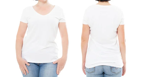 Vista Delantera Trasera Mujer Chica Camiseta Aislada Sobre Fondo Blanco — Foto de Stock