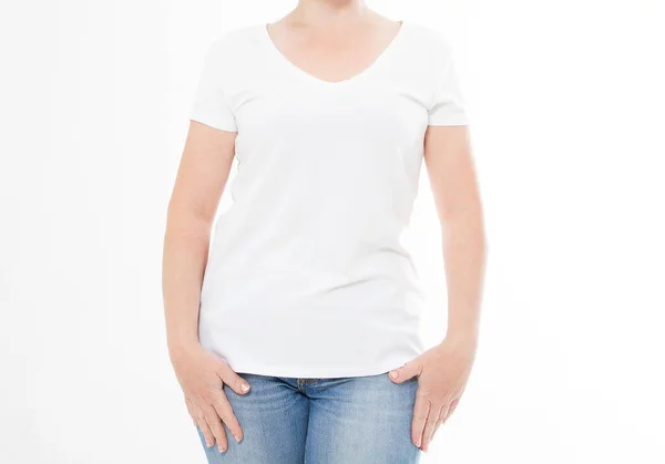 Mulher Retrato Cortado Camisa Isolado Fundo Branco Espaço Cópia — Fotografia de Stock