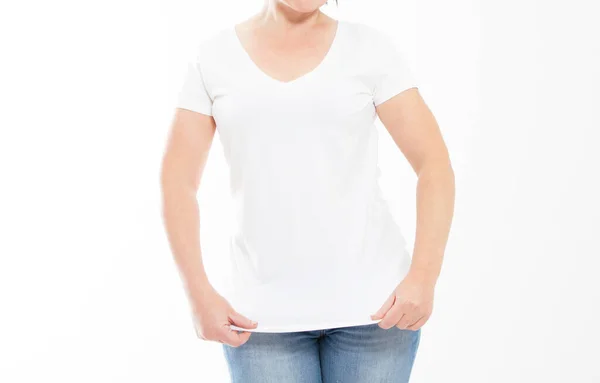 Mulher Branco Shirt Isolada Shirt Mock Espaço Cópia — Fotografia de Stock