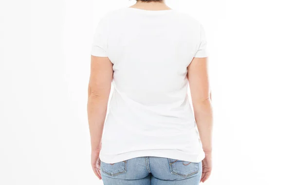 Vista Posterior Mujer Camiseta Blanca Maqueta Aislada Espacio Copia Camiseta — Foto de Stock