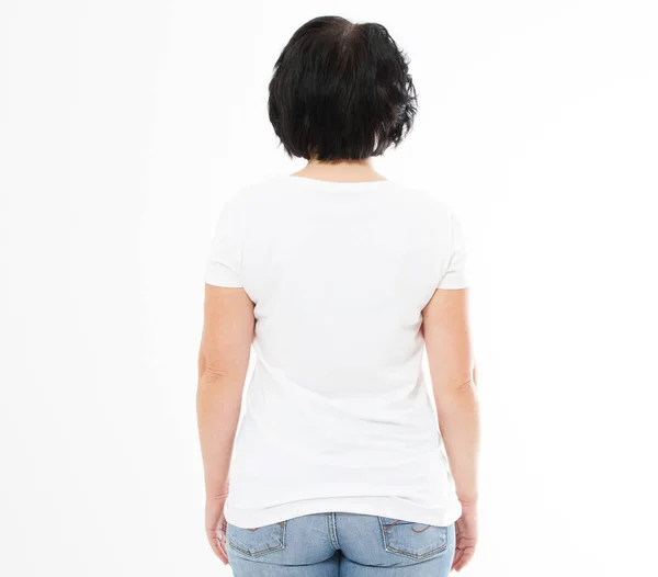 Vista Posterior Mujer Camiseta Blanca Maqueta Aislada Espacio Copia Camiseta —  Fotos de Stock