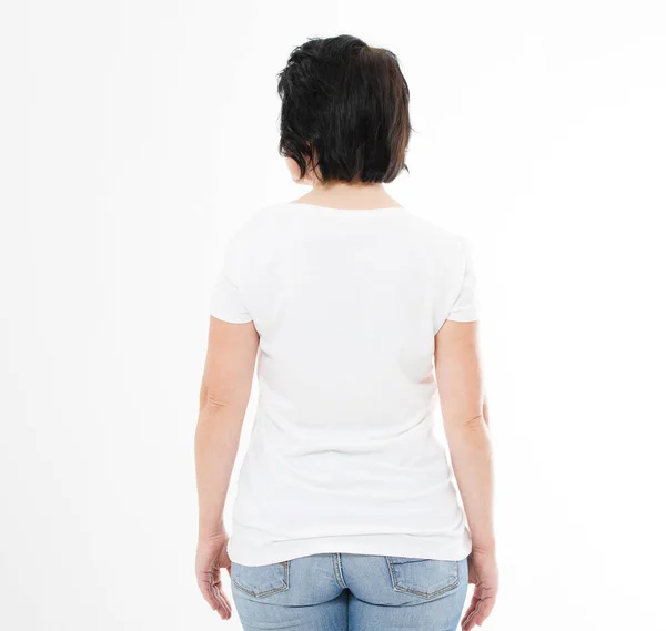 Back View Mulher Morena Tshirt Fundo Branco Preparem Para Design — Fotografia de Stock