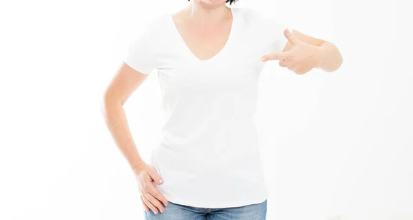 Donna Bianco Shirt Che Indica Stessa Punto Tshirt Modellare Spazio — Foto Stock