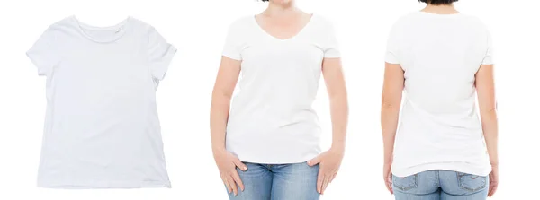 Maglietta Bianca Vicino Vista Posteriore Anteriore Ragazza Shirt Donna Bianco — Foto Stock