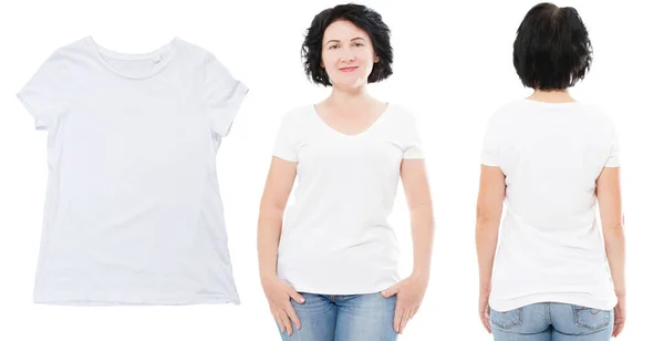Tシャツのデザインと人々のコンセプト 白いTシャツ シャツ フロントとリア隔離された中年女性のクローズアップ — ストック写真
