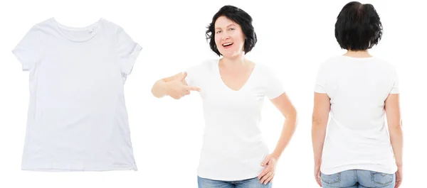 女性の白いTシャツセット 白いTシャツクローズアップ隔離されたコピースペース Tシャツのデザインと人々のコンセプト クローズアップ — ストック写真