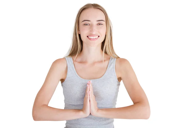 Namaste Gesto Meditação Sorriso Mulher Isolado Fundo Branco — Fotografia de Stock