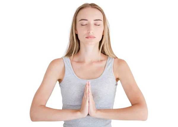 Mulher Namaste Pose Quarto Relaxamento Menina Férias — Fotografia de Stock