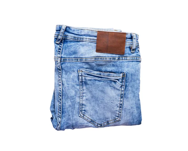 Gevouwen Denim Geïsoleerd Wit Jeans Broek Geïsoleerd Gevouwen Blauwe Jeans — Stockfoto