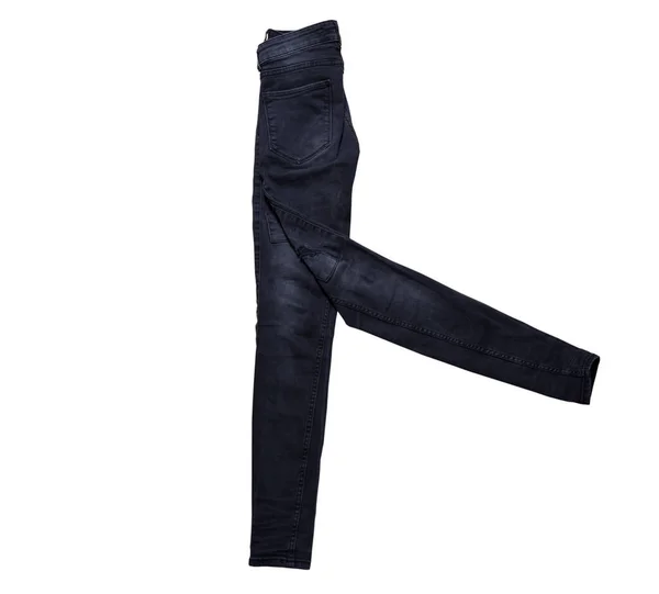 Preto Fino Denim Isolado Sobre Branco Preto Jeans Close — Fotografia de Stock