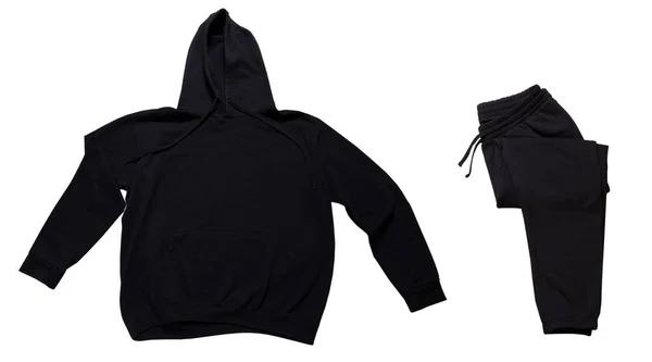 Sudadera Con Capucha Negra Pantalones Deportivos Negros Aislados Sobre Fondo — Foto de Stock