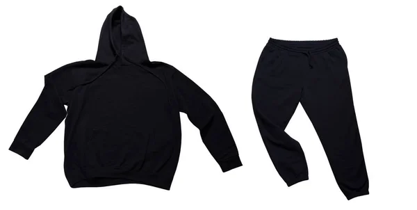 Black Hoodie Black Sporty Pants Isolated White Background Black Pants — Stock Photo, Image