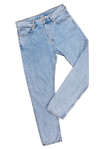 Denim Byxor Isolerad Blå Vikta Jeans Isolerad Vit Bakgrund Närbild — Stockfoto