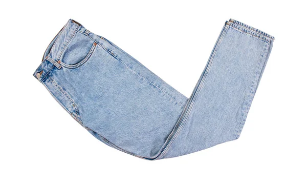 Denim Bukser Isoleret Blå Foldede Jeans Isoleret Hvid Baggrund Tæt - Stock-foto