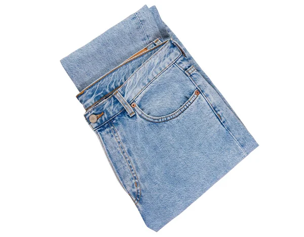 Denim Byxor Isolerad Blå Vikta Jeans Isolerad Vit Bakgrund Närbild — Stockfoto