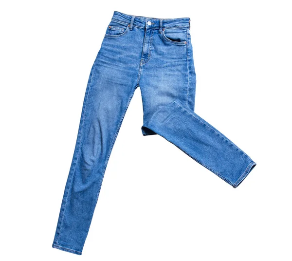 Jeans Isolato Bianco Pantaloni Denim Isolato Jeans Blu Piegati Isolato — Foto Stock