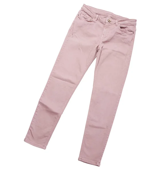 Weibliche Hose Hellrosa Jeanshose Von Oben Isoliert Auf Weißem Hintergrund — Stockfoto