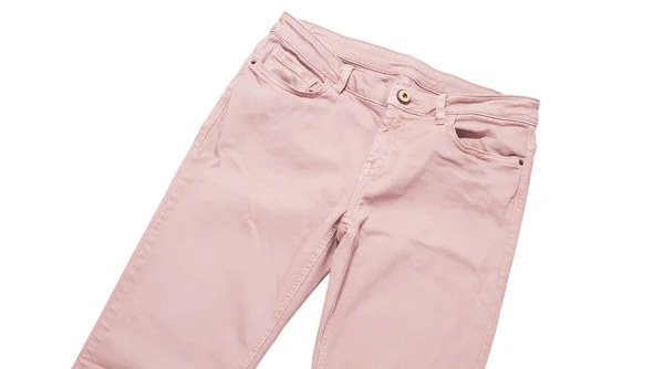 Pantalones Femeninos Pantalones Denim Rosa Claro Vista Superior Aislado Sobre — Foto de Stock