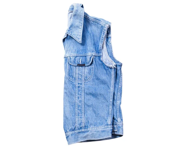 Gilet Denim Blu Piegato Sfondo Bianco Gilet Jeans Isolato Sfondo — Foto Stock