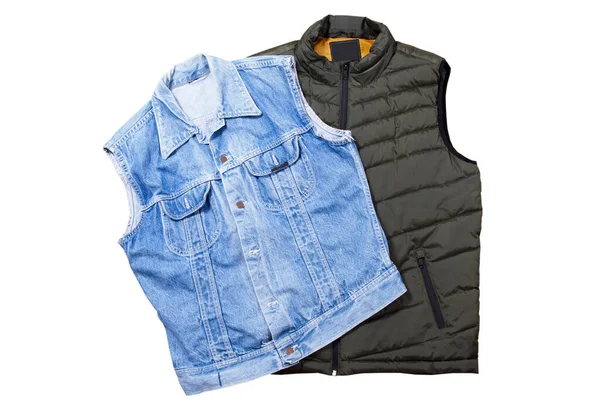 Set Gilet Denim Blu Gilet Verde Bologna Isolati Sfondo Bianco — Foto Stock