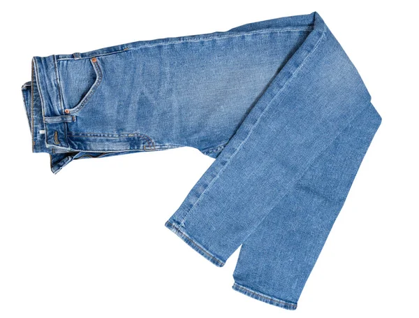 Jeans Isolato Bianco Pantaloni Denim Isolato Jeans Blu Piegati Isolato — Foto Stock