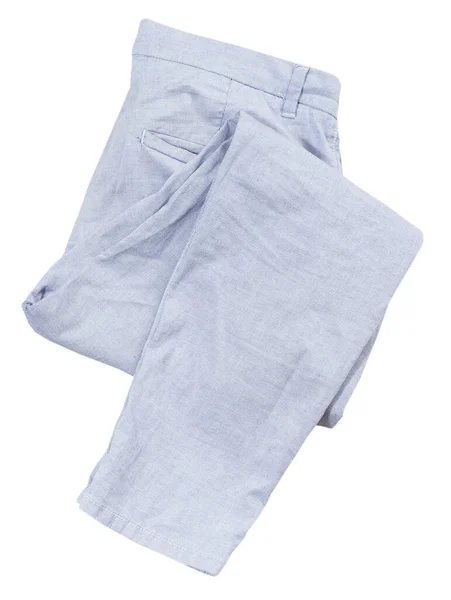 紧身蓝色裤子 白色背景 折叠裤子顶视图 时尚布料元素平铺 — 图库照片