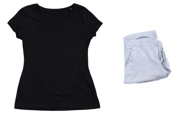 Verão Preto Shirt Calças Dobradas Isolado Simular Até Vazio Preto — Fotografia de Stock