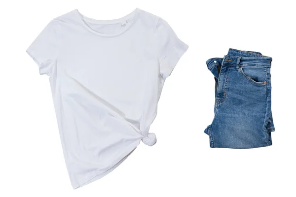 Töm Vit Shirt Och Blå Denim Vit Bakgrund Svart Shirt — Stockfoto