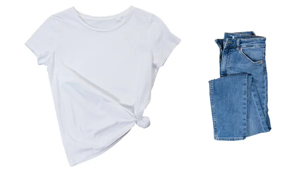 Camiseta Blanca Vacía Denim Azul Sobre Fondo Blanco Camiseta Negra — Foto de Stock