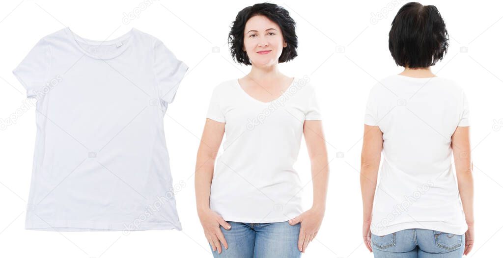 T-shirt design and people concept - close up of middle aged woman in blank white t-shirt, shirt, front and rear isolated.