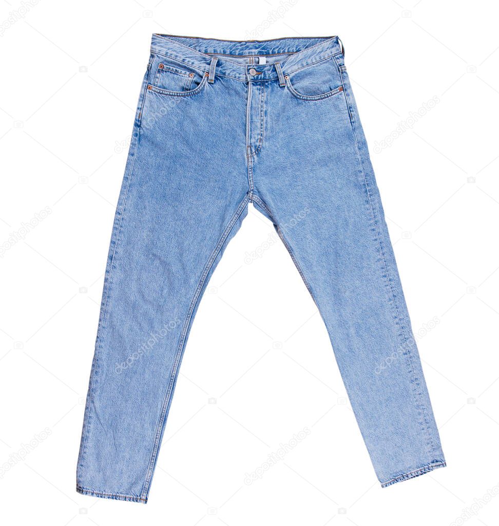 Denim pants isolated, blue folded jeans isolated on white background close up