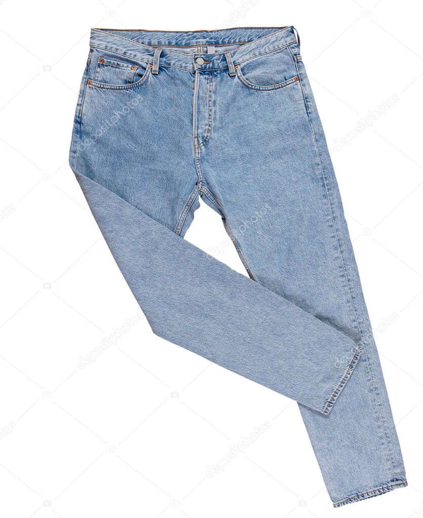 Denim pants isolated, blue folded jeans isolated on white background close up
