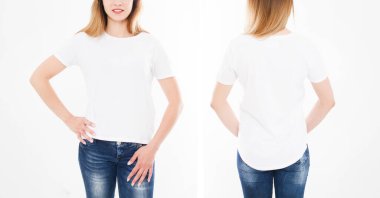 Güzel bir kadının ön ve arka manzarası, beyaz arka planda şık tişörtlü bir kız. Tasarım için hazırlan. Uzayı kopyala Şablon. Boşluk