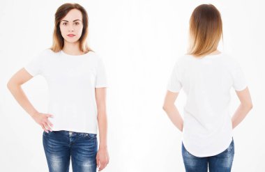 Beyaz arka planda şık tişörtlü seksi bir kadının ön ve arka görünüşü. Tasarım için hazırlan. Uzayı kopyala Şablon. Boşluk