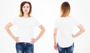 Beyaz arka planda şık tişörtlü seksi bir kadının ön ve arka görünüşü. Tasarım için hazırlan. Uzayı kopyala Şablon. Boşluk