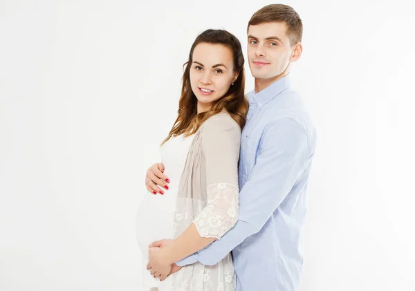 Junge Schwangere Frau Mit Ehemann Isoliert Auf Weißem Neuem Lebenskonzept — Stockfoto