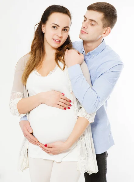 Jovem Casal Esperando Nascimento Uma Criança Homem Olha Para Sua — Fotografia de Stock