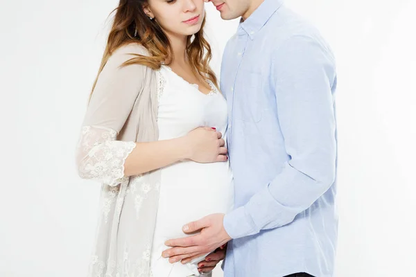 Belo Jovem Casal Esperando Bebê Juntos Tocando Barriga Isolada Fundo — Fotografia de Stock