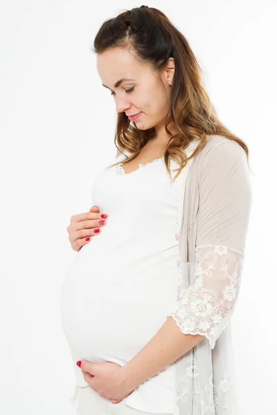 Zwangerschap Moederschap Mensen Verwachting Concept Gelukkige Zwangere Vrouw Witte Achtergrond — Stockfoto