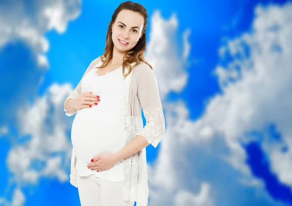 Zwangere Vrouw Casual Kleding Geïsoleerd Wazig Lucht Achtergrond Zwangere Vrouw — Stockfoto