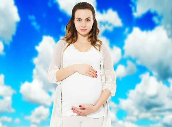 Pregnant Woman Casual Clothes Isolated Blurred Sky Background Pregnant Woman — Stock Photo, Image