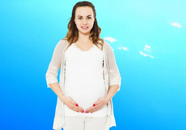 Mulher Grávida Roupas Casuais Isolado Fundo Céu Turvo Mulher Grávida — Fotografia de Stock