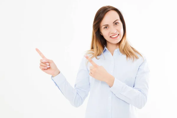 Isolated Portrait Business Girl Woman Points His Hands Confident Young — Stock Photo, Image